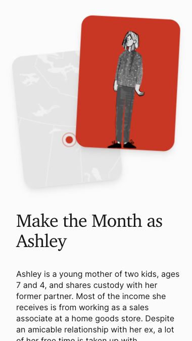 Mobile app screen titled 'Make the Month as Ashley,' showing an illustrated woman on a red card over a faint map, with a persona description below.