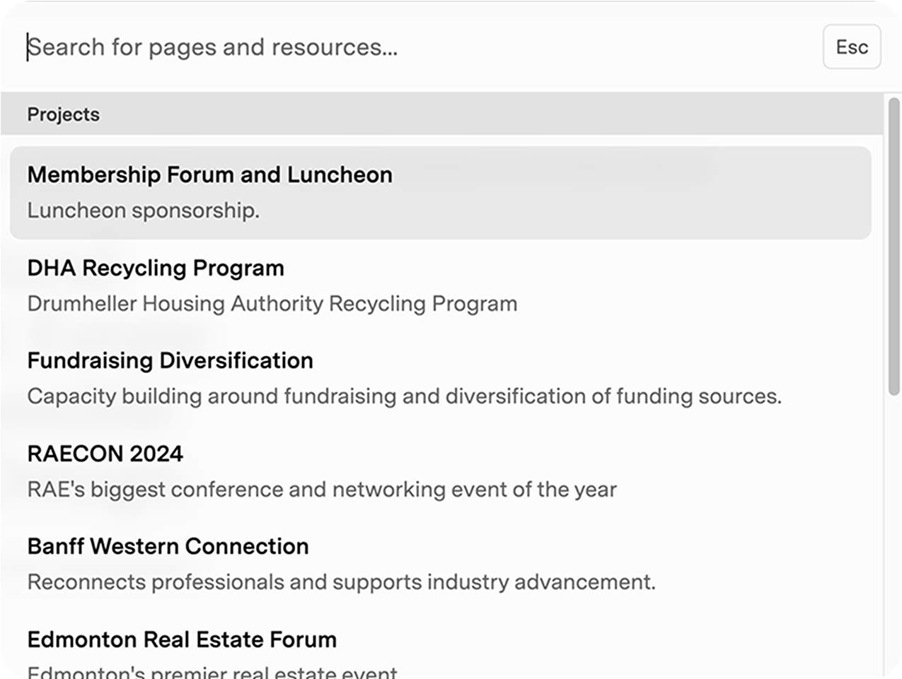 Search command palette with 'Search for pages and resources...' field and a Projects list including 'Membership Forum and Luncheon,' 'DHA Recycling Program,' and 'RAECON 2024.'