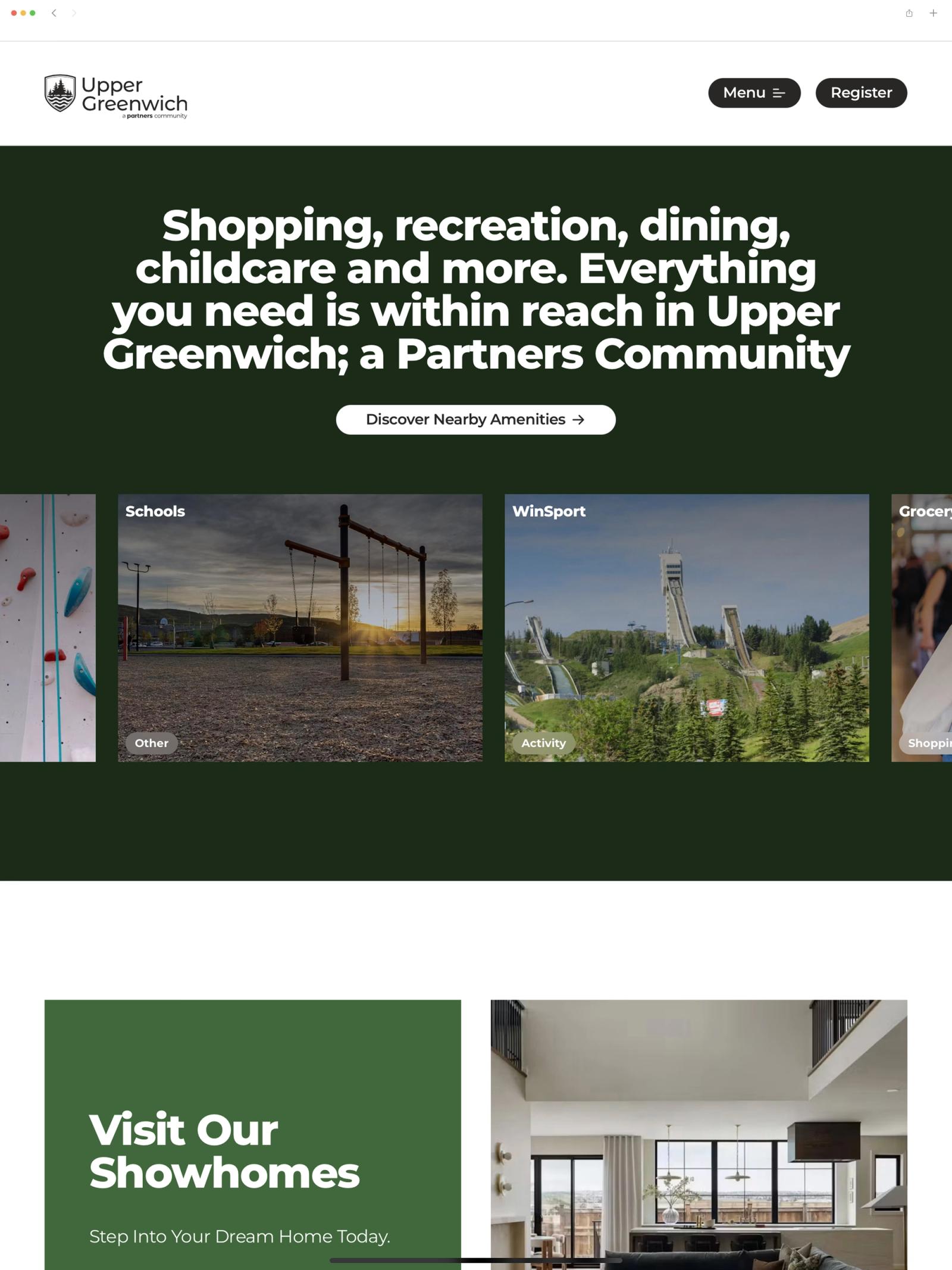 Upper Greenwich community website for Partners Development Group, promoting nearby schools, recreation and dining above a Visit Our Showhomes panel.