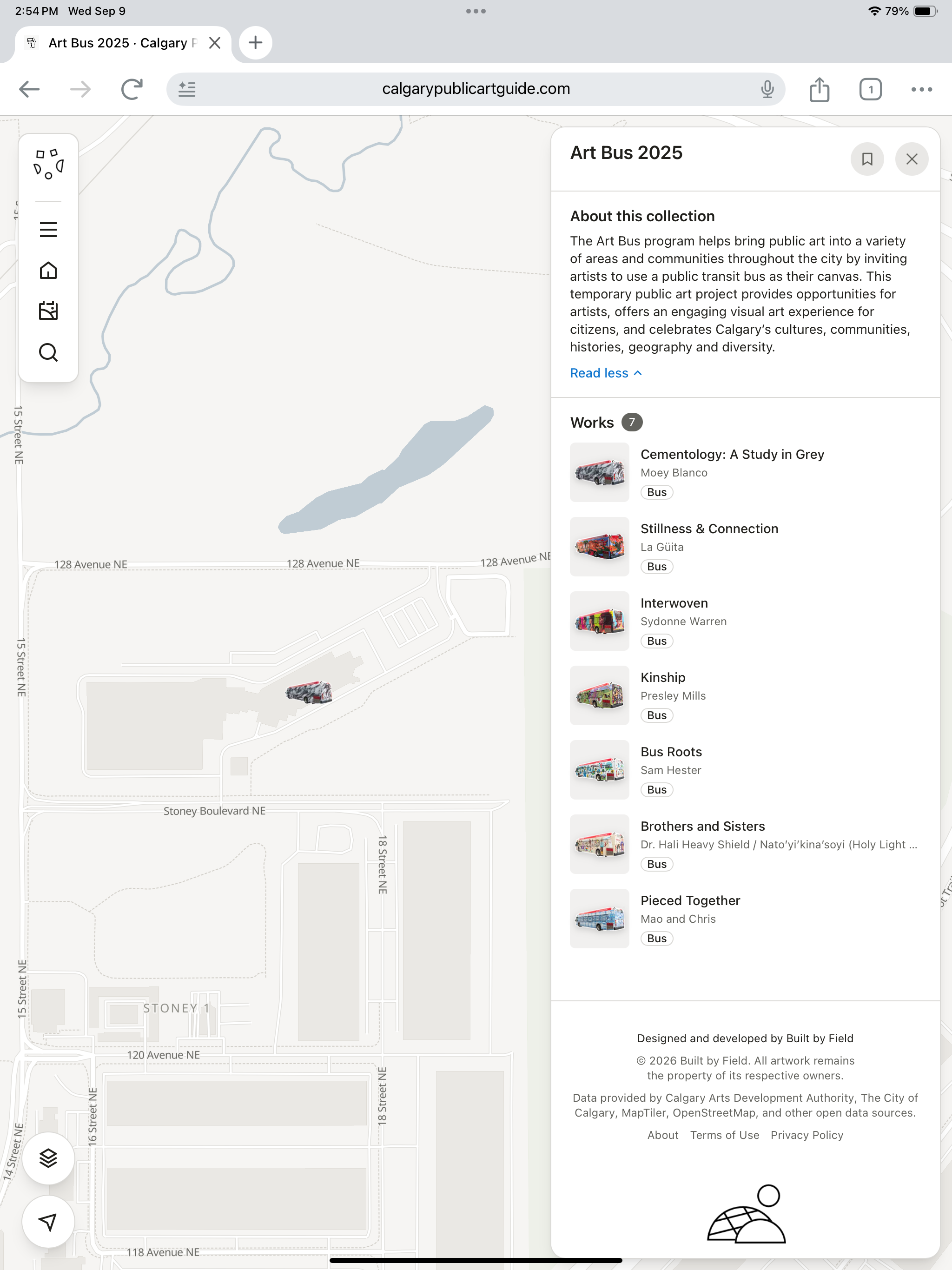 Calgary Public Art Guide on a tablet, showing the Art Bus 2025 collection panel with its list of works beside the map.