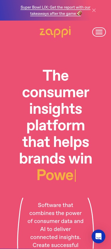 Mobile site landing screen on pink with the 'zappi' wordmark and large headline 'The consumer insights platform that helps brands win Power.'
