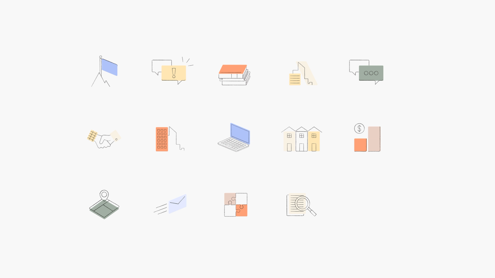 Set of fourteen line-drawn icons in muted colors, including a flag on a peak, speech bubbles, books, a handshake, buildings, a laptop, houses, and an envelope.
