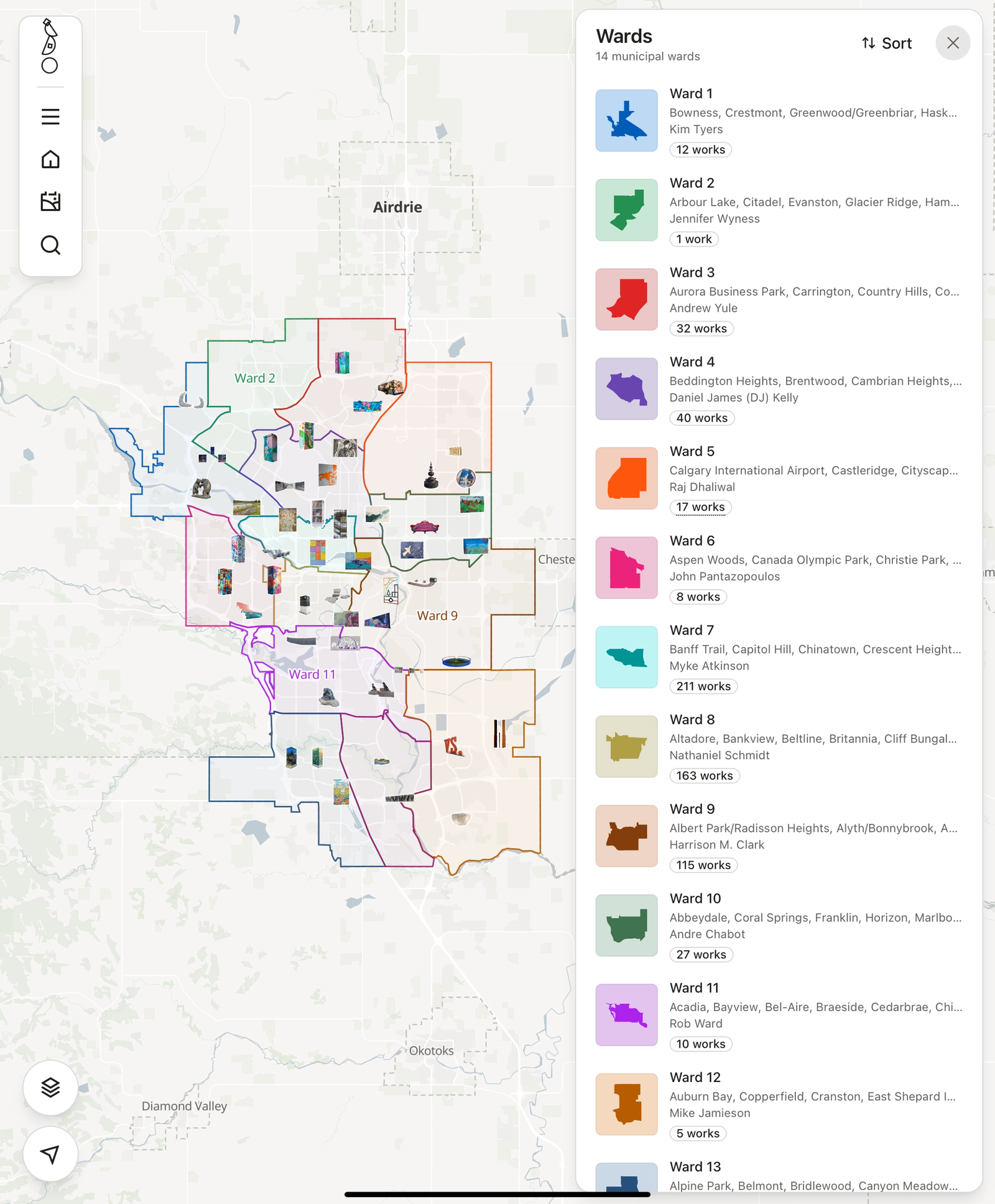 Calgary Public Art Guide on a tablet, showing the city's wards on the map beside a list of wards with their neighbourhoods and artwork counts.