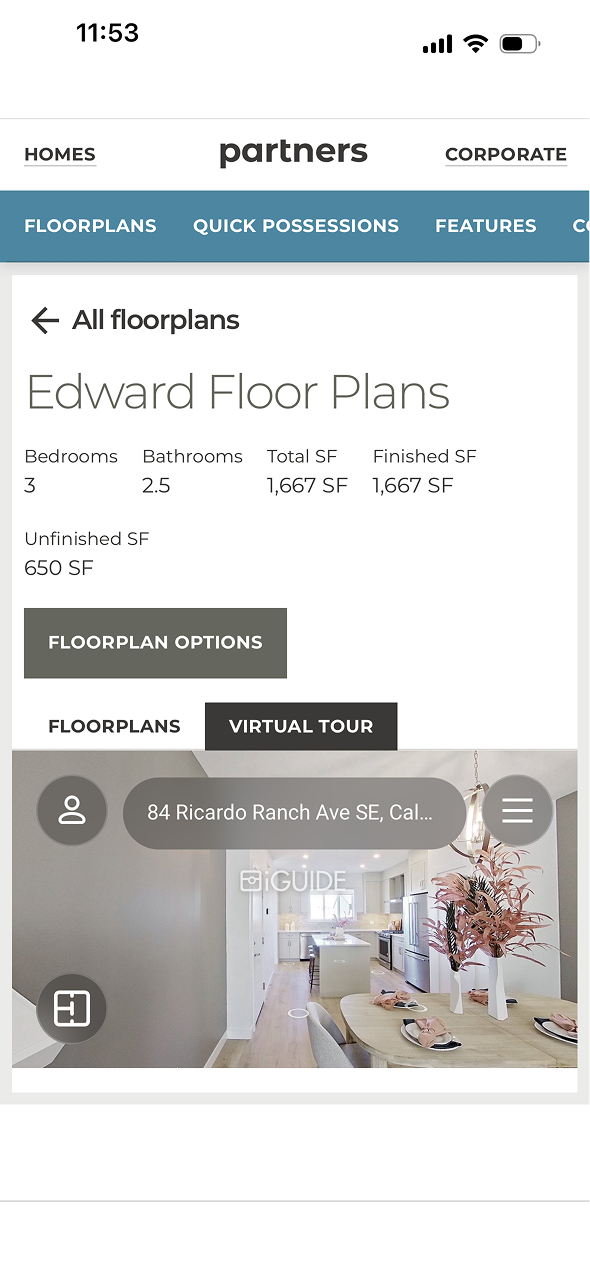 Partners Development Group website on a phone, showing the Edward floor plan with bedroom, bathroom and square footage details and a virtual tour.