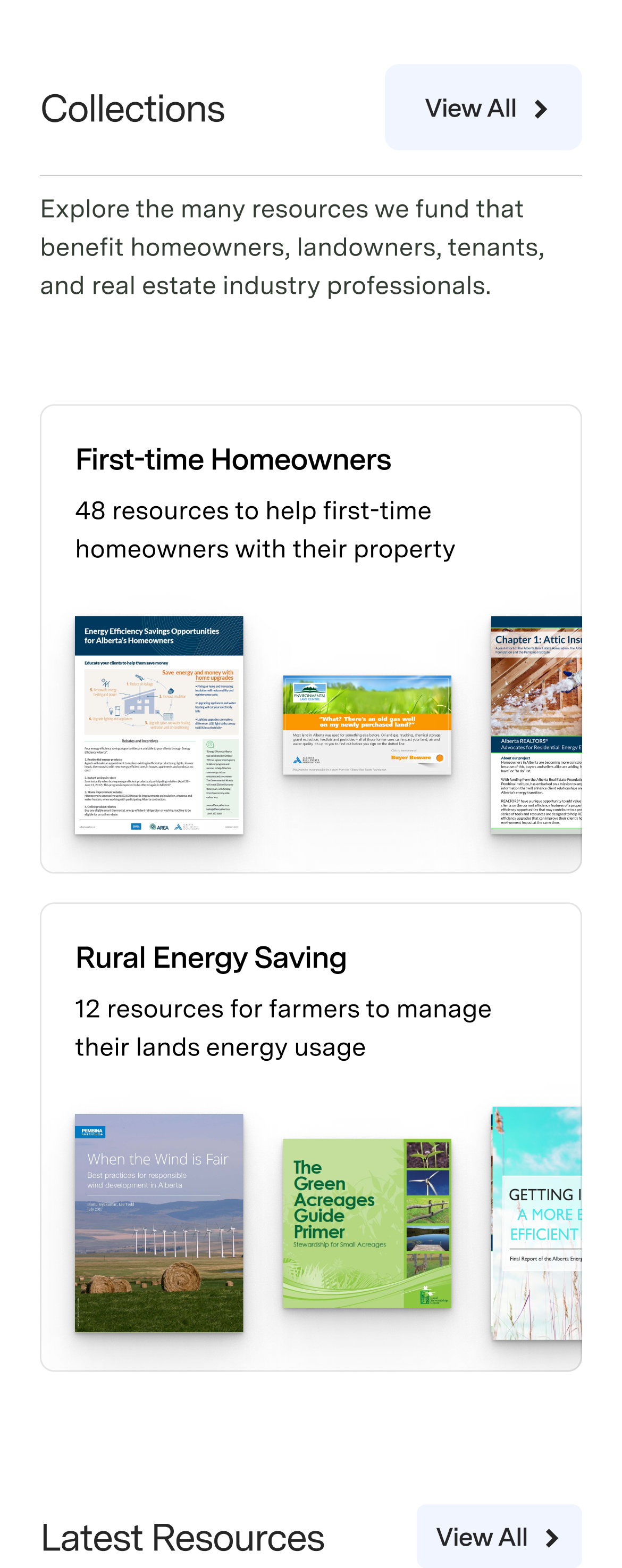 Mobile site 'Collections' section listing resource sets like 'First-time Homeowners' and 'Rural Energy Saving' with thumbnail covers of guides and reports.