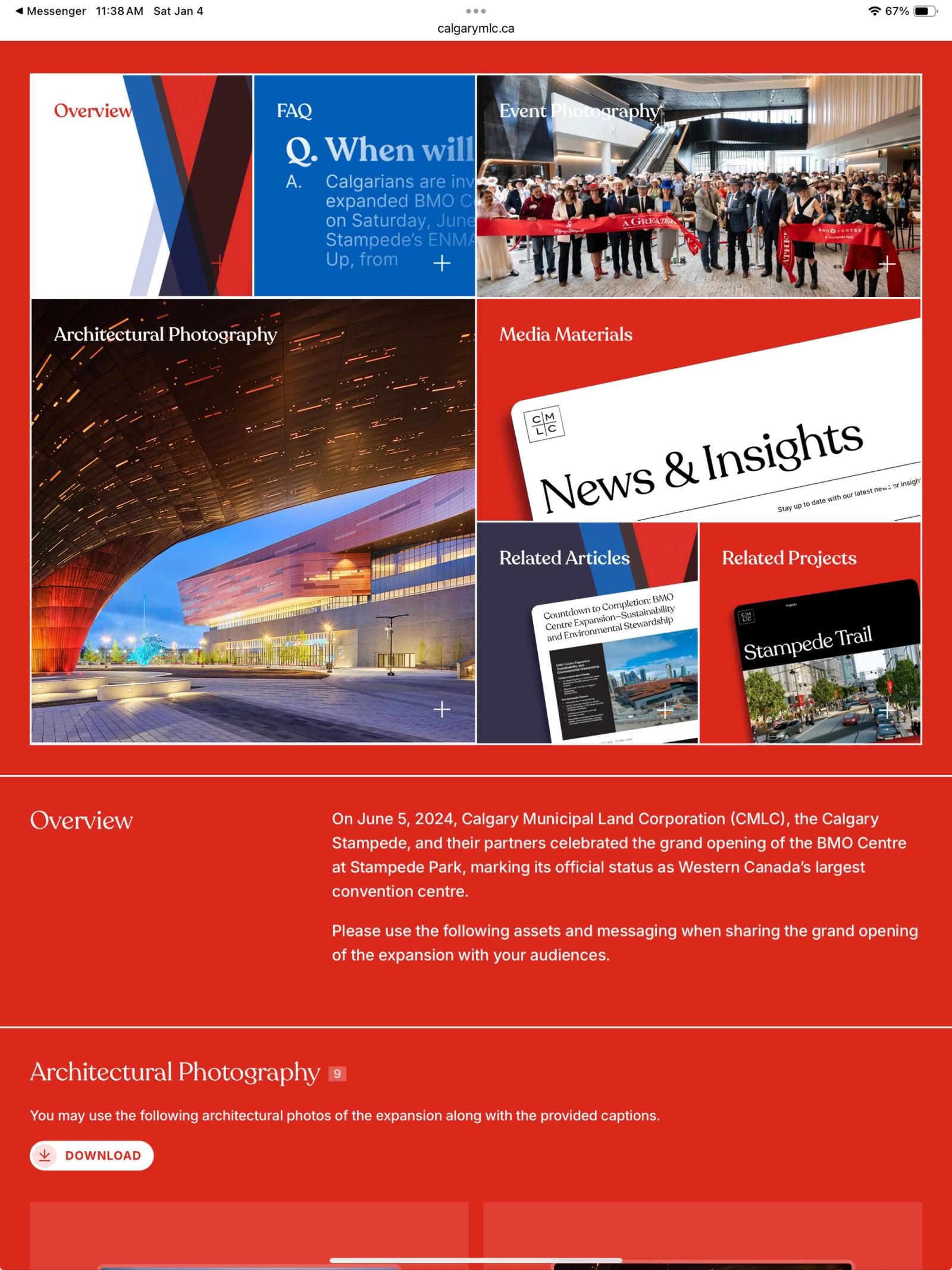 Calgary Municipal Land Corporation partner-package webpage on a tablet, with red panels for Overview, FAQ, Event Photography, Media Materials, and the BMO Centre expansion ribbon-cutting.