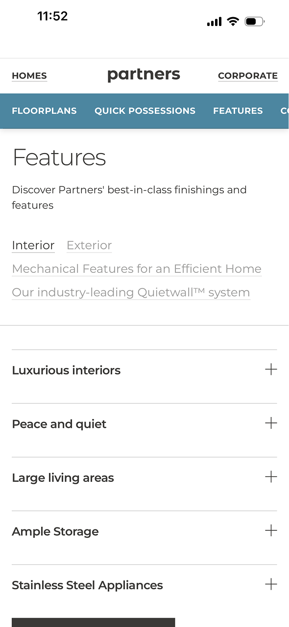 Partners Development Group website on a phone, showing the Features page with interior finishes and the Quietwall system.
