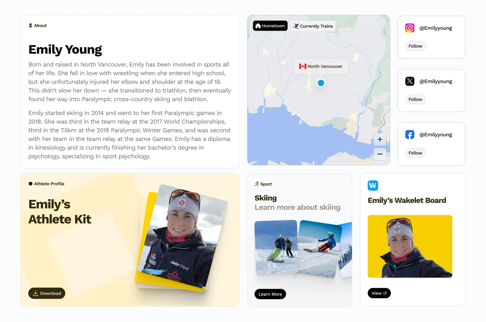Athlete profile webpage for Paralympic skier Emily Young, with an About bio, a North Vancouver map, social links, and an Athlete Kit download card.