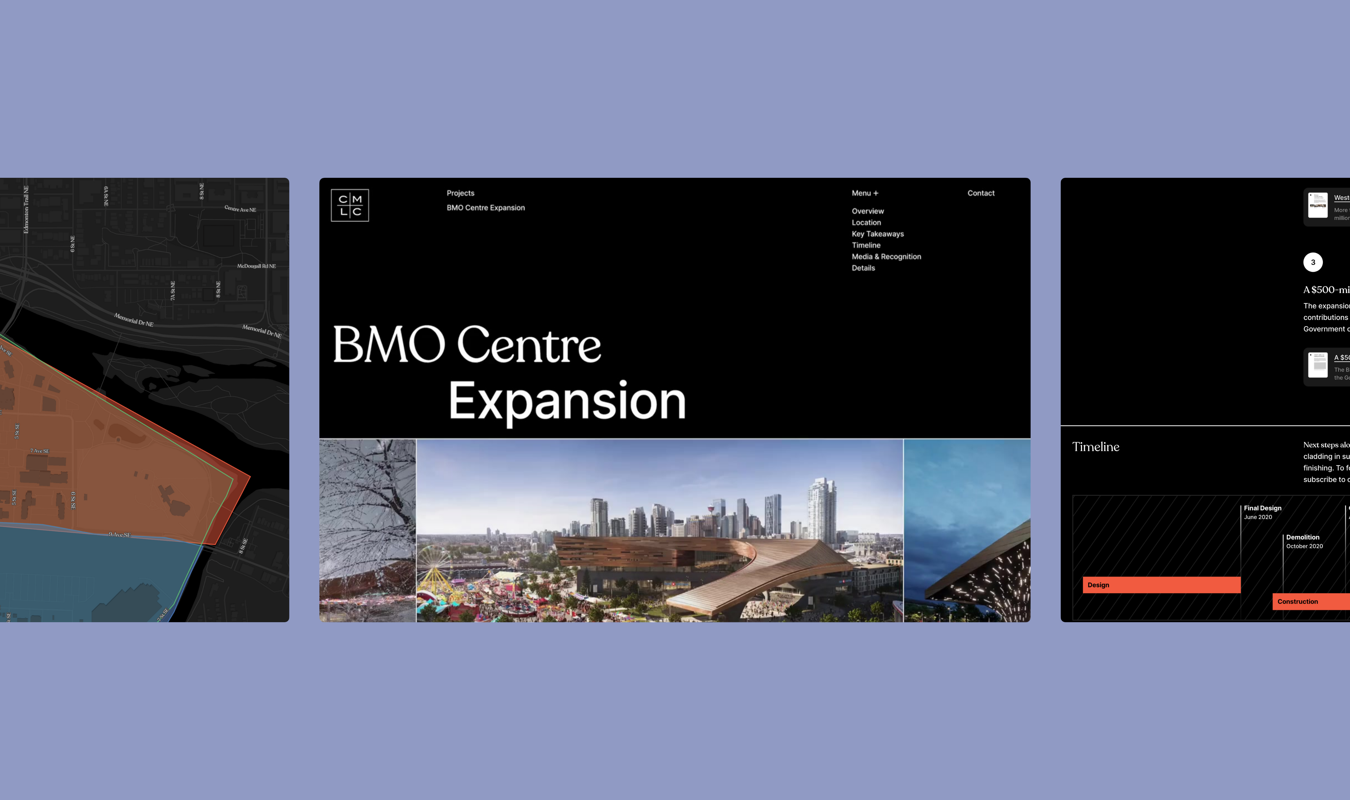 Three overlapping desktop screens of the CMLC 'BMO Centre Expansion' project site, showing a location map, the dark hero, and a project timeline, on a periwinkle background.