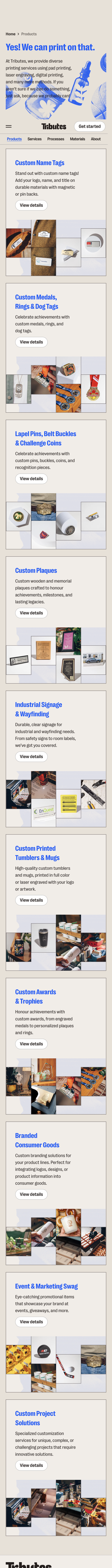 Tributes products page on a phone, headed Yes! We can print on that., with an illustrated product collage and a Custom Name Tags card.