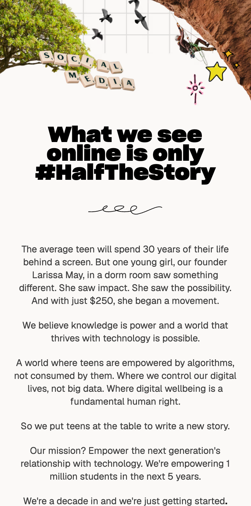 #HalfTheStory homepage on a phone, headed What we see online is only #HalfTheStory, above the founding story of Larissa May.