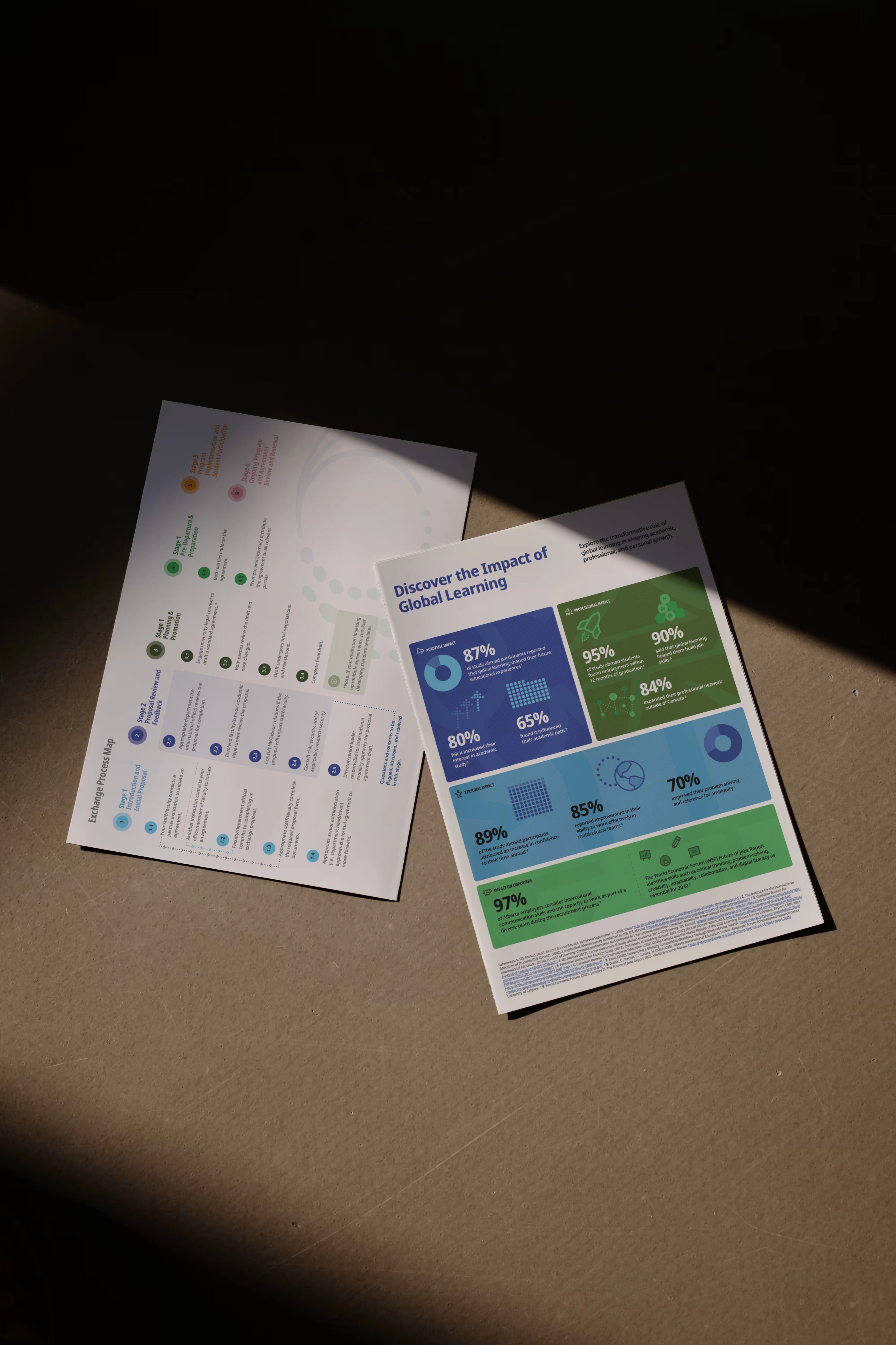 Two printed pages from the Alberta Post-Secondary Global Learning Toolkit, one with an impact infographic, lying in a slant of sunlight.