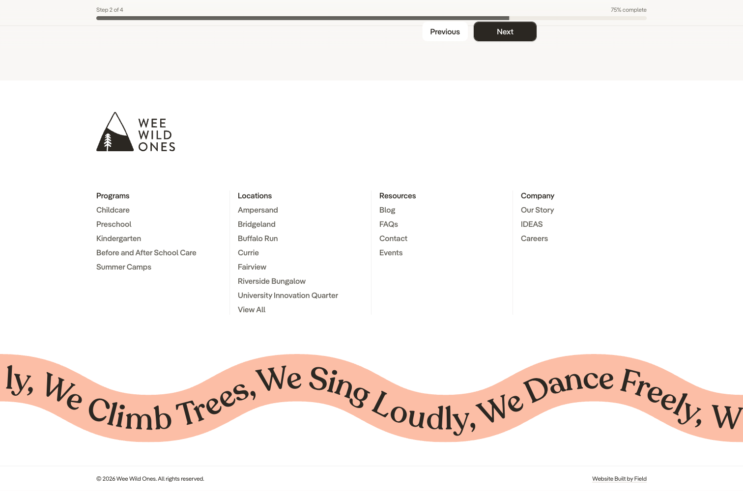 The Wee Wild Ones site footer, with a rolling squiggle marquee reading we climb trees, we sing loudly, we dance freely above the sitemap.
