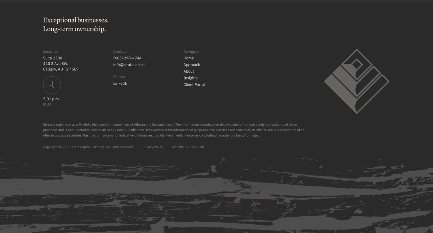 Strata Capital Partners website footer on desktop, with office location, contact details, navigation and the Strata mark.