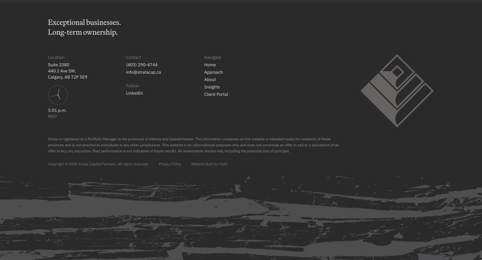 Strata Capital Partners website footer on desktop, with office location, contact details, navigation and the Strata mark.