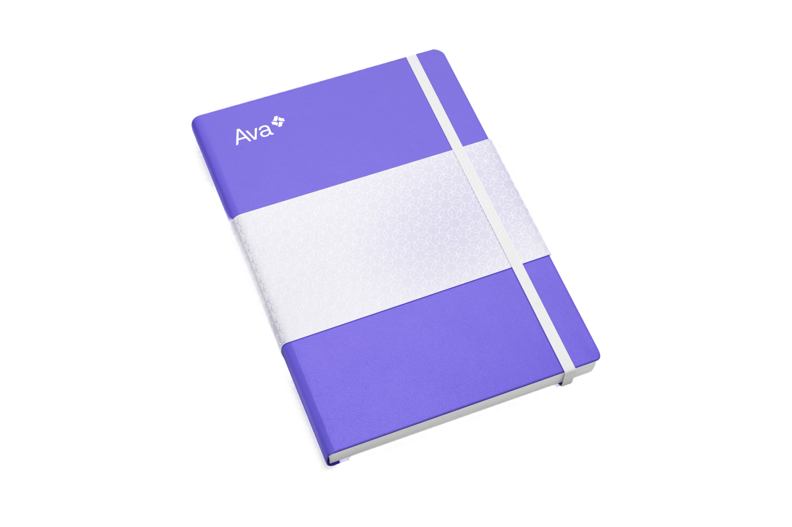 Mockup of a purple hardcover notebook with a white elastic band and patterned belly band, branded with the 'Ava' logo, on a gray background.