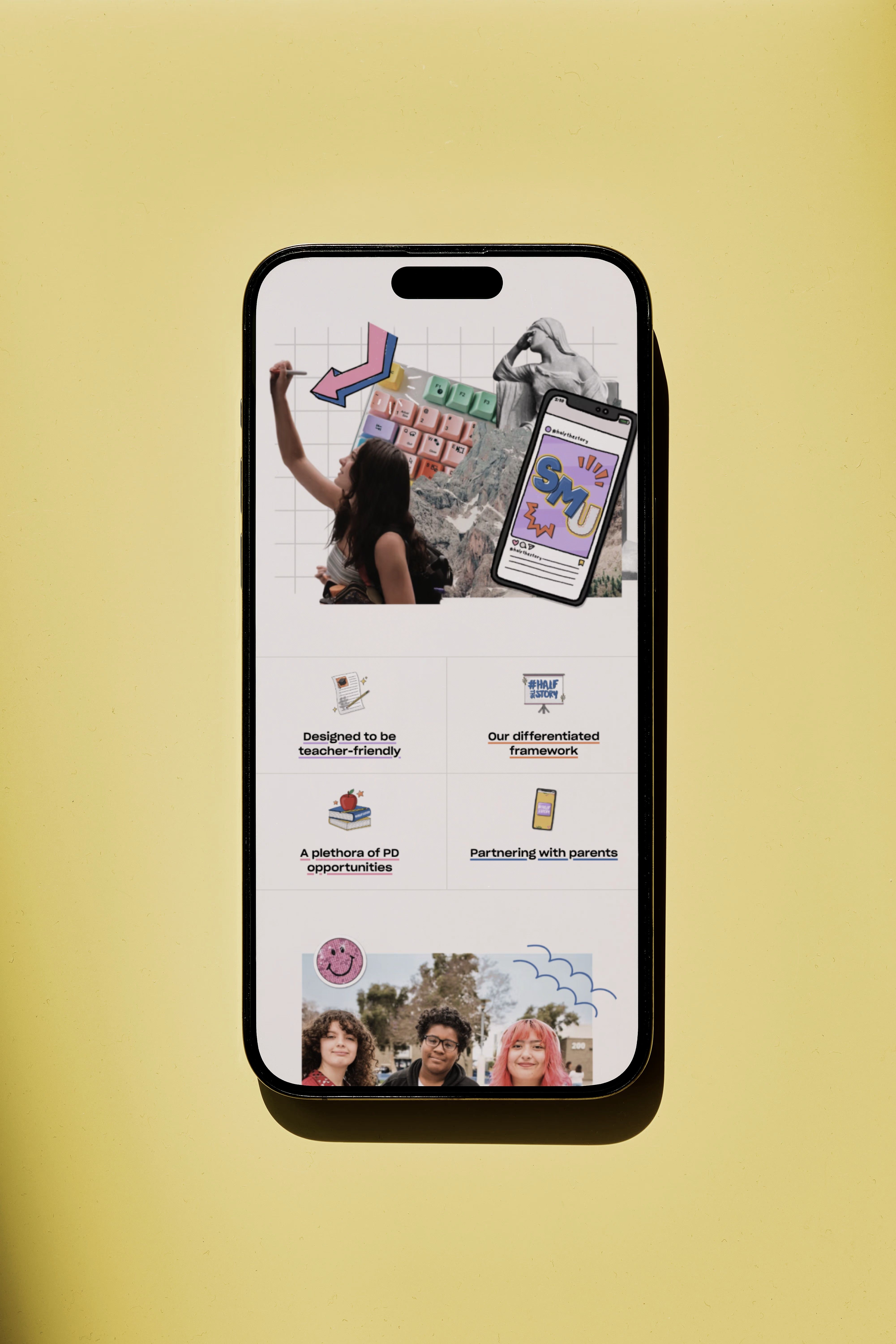 The #HalfTheStory homepage on a phone lying on a yellow background, showing a collage header and the program features.