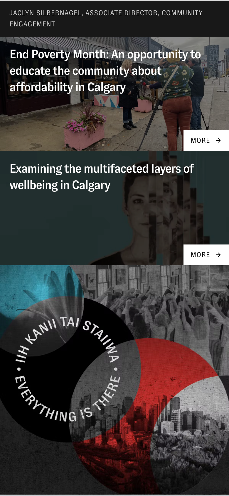 Mobile webpage with stacked article cards titled 'End Poverty Month' and 'Examining the multifaceted layers of wellbeing in Calgary,' over a circular Indigenous-themed graphic.