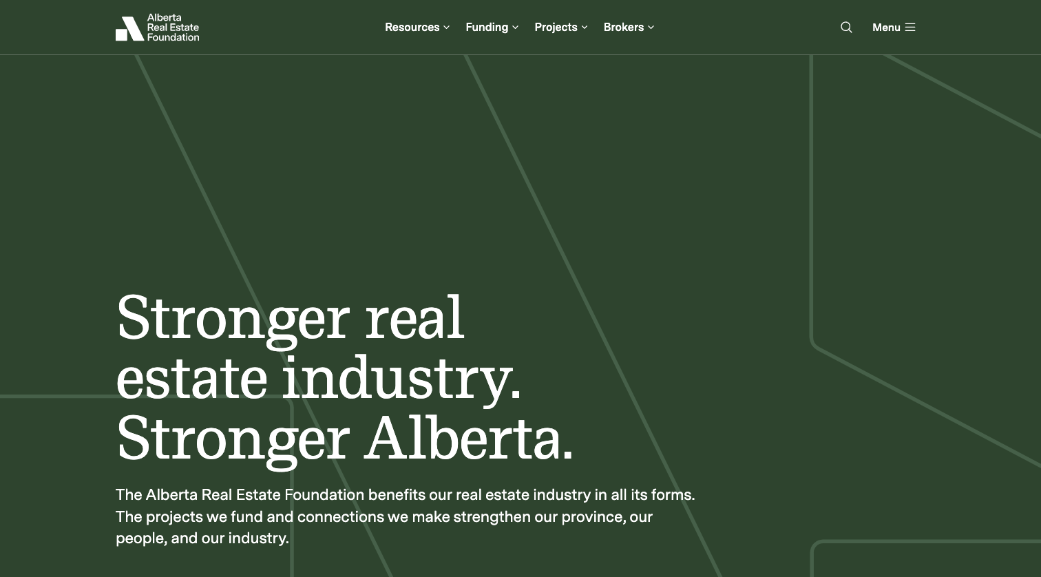 Alberta Real Estate Foundation website homepage on a dark green background, headlined 'Stronger real estate industry. Stronger Alberta.'