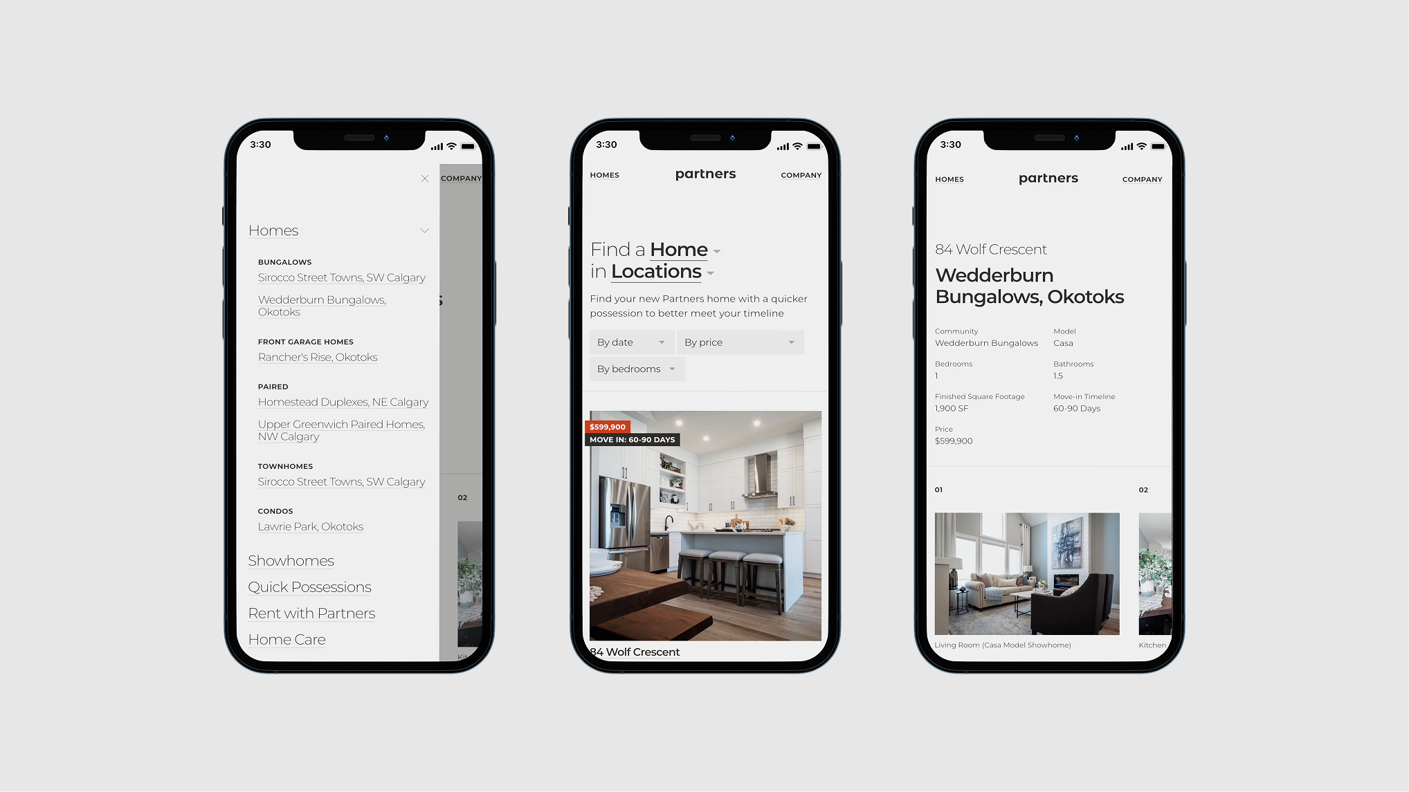 Three phones showing the Partners Development Group website: the homes menu, the find a home search and a Wedderburn Bungalows listing.