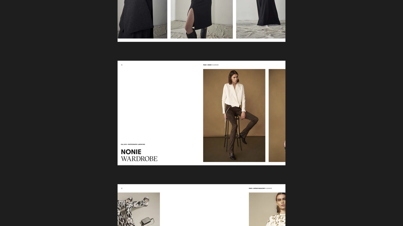Website case-study layout titled 'NONIE Wardrobe,' featuring fashion editorial photos of a model in a white blazer seated on a stool against a tan backdrop.