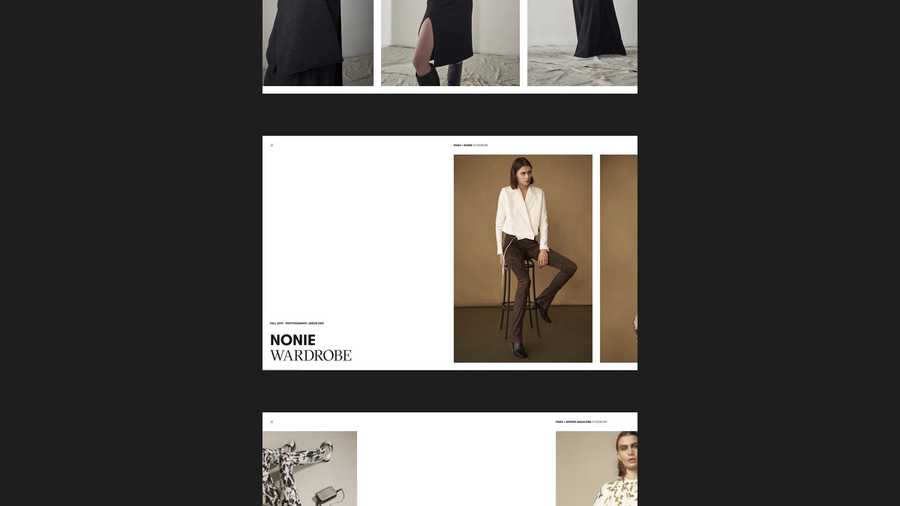Website case-study layout titled 'NONIE Wardrobe,' featuring fashion editorial photos of a model in a white blazer seated on a stool against a tan backdrop.