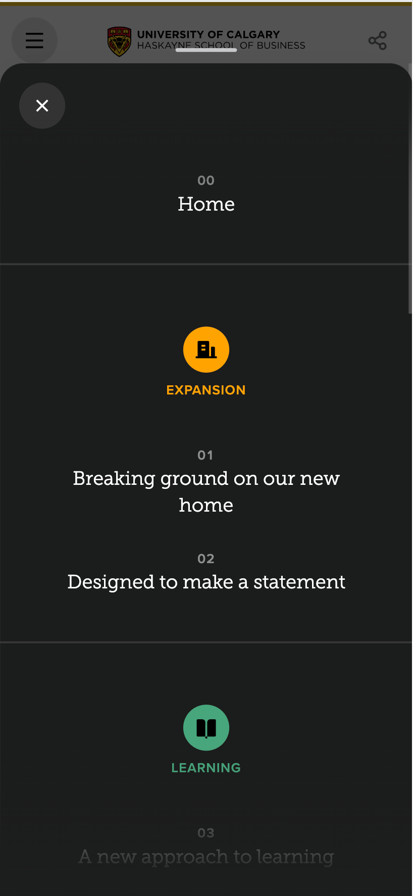 Mobile navigation menu for University of Calgary Haskayne School of Business, listing chapters 'Home,' 'Expansion,' and 'Learning' with colored icons.
