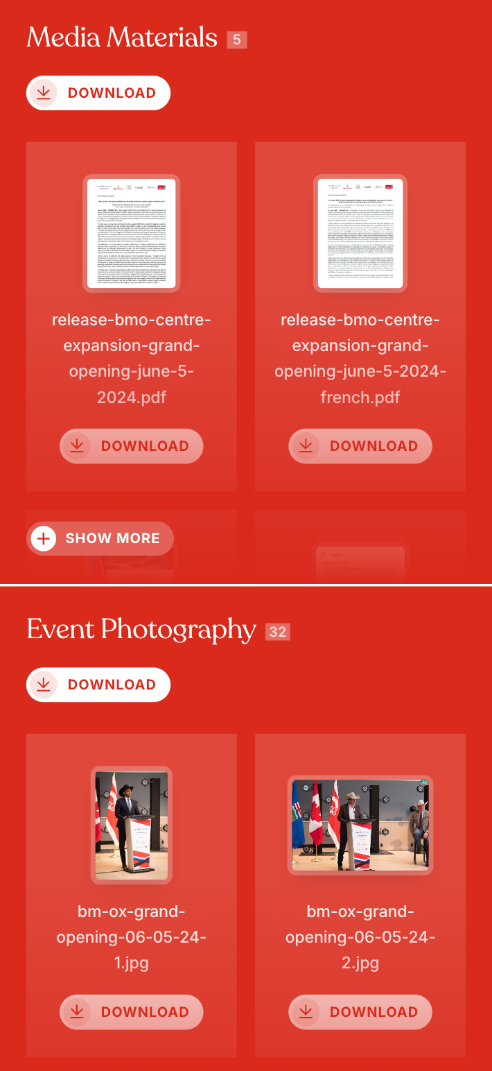 Mobile webpage on red background titled 'Media Materials' and 'Event Photography,' showing downloadable PDF press releases and event photo thumbnails.