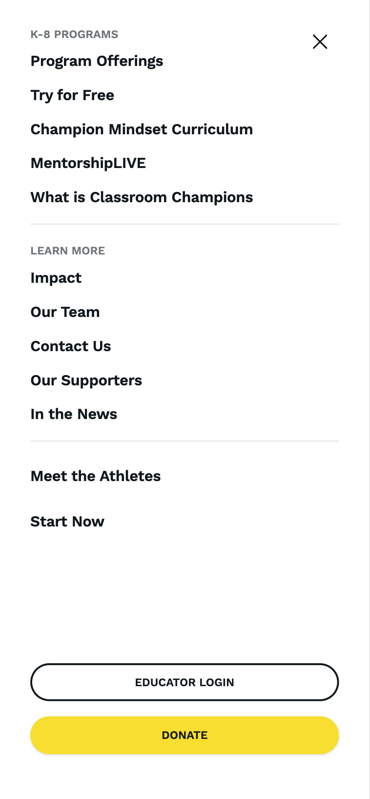 Mobile menu listing K-8 Programs and Learn More links for Classroom Champions, with 'Educator Login' and a yellow 'Donate' button at the bottom.
