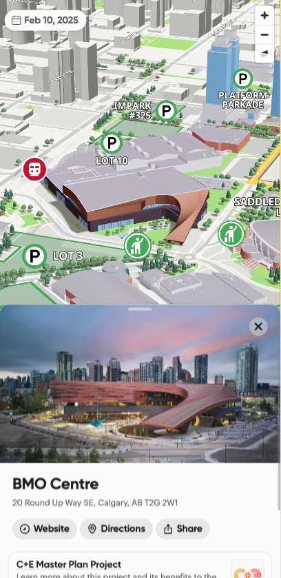 Mobile app showing a 3D map of the BMO Centre with parking markers, above an aerial sunset photo and listing for '20 Round Up Way SW, Calgary.'
