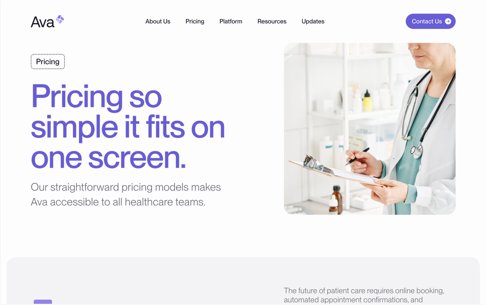 Ava website pricing page headlined 'Pricing so simple it fits on one screen,' in purple, beside a photo of a clinician writing on a clipboard.