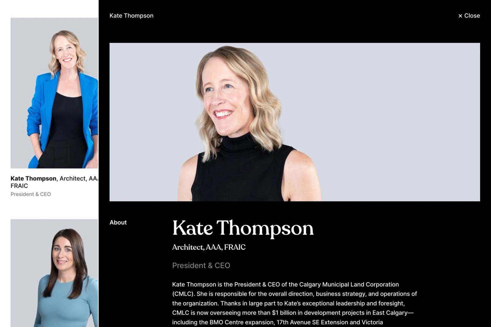 Website team-bio overlay for 'Kate Thompson, Architect, AAA, FRAIC, President & CEO,' with a portrait of a smiling woman in a black turtleneck.