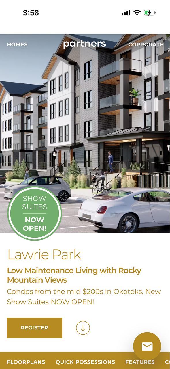 Partners Development Group community hub on a phone, featuring Lawrie Park with a rendering of a condo building and a Show Suites Now Open badge.