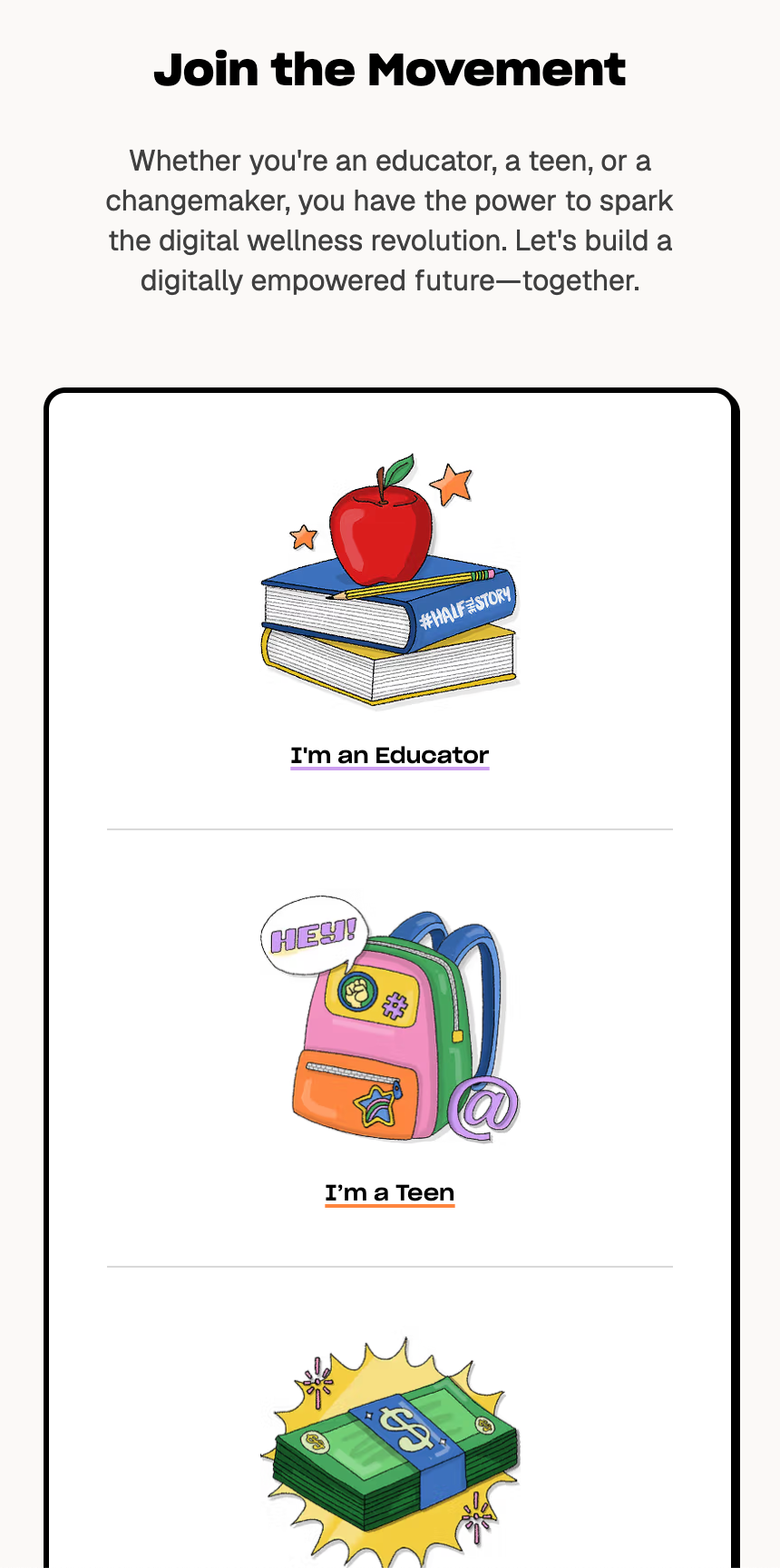 #HalfTheStory Join the Movement section on a phone, with illustrated choices for educators and teens.