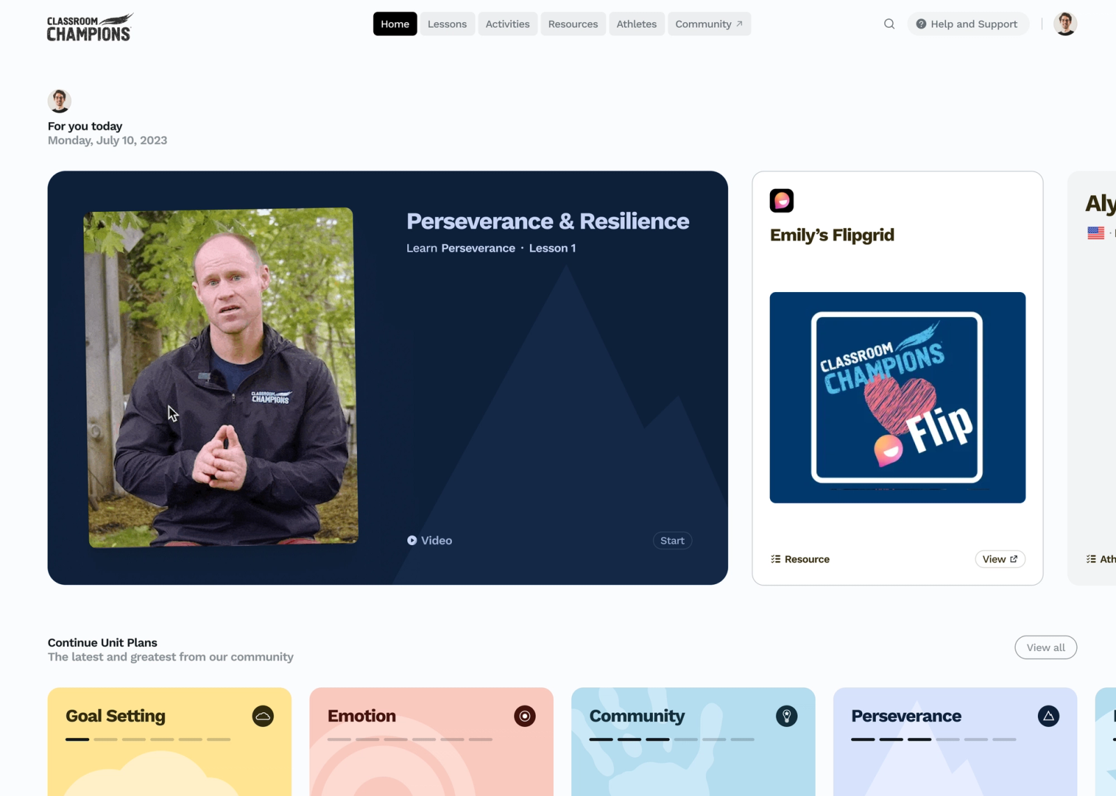 Classroom Champions web app home dashboard showing a 'Perseverance & Resilience' video lesson card and colorful 'Continue Unit Plans' tiles below.