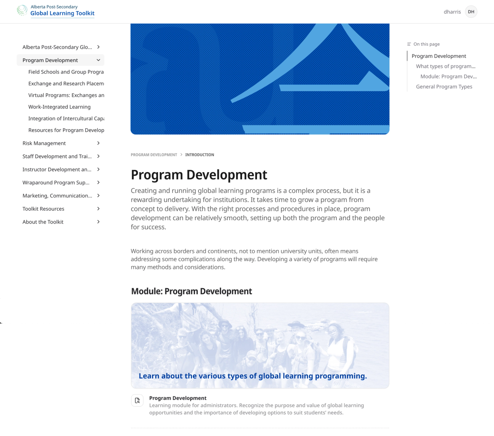 Alberta Post-Secondary Global Learning Toolkit on desktop, showing the Program Development section with its sidebar navigation and module link.