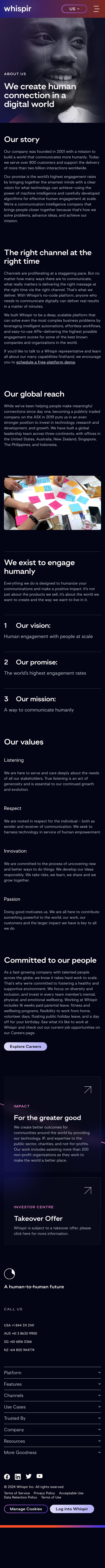 Full-length Whispir mobile About page headlined 'We create human connection in a digital world,' covering the company story, reach, vision and values.