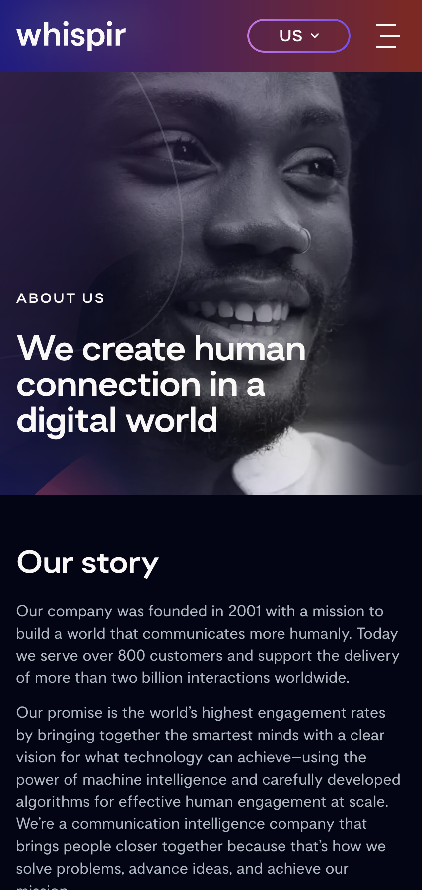 Full-length Whispir mobile About page headlined 'We create human connection in a digital world,' covering the company story, reach, vision and values.