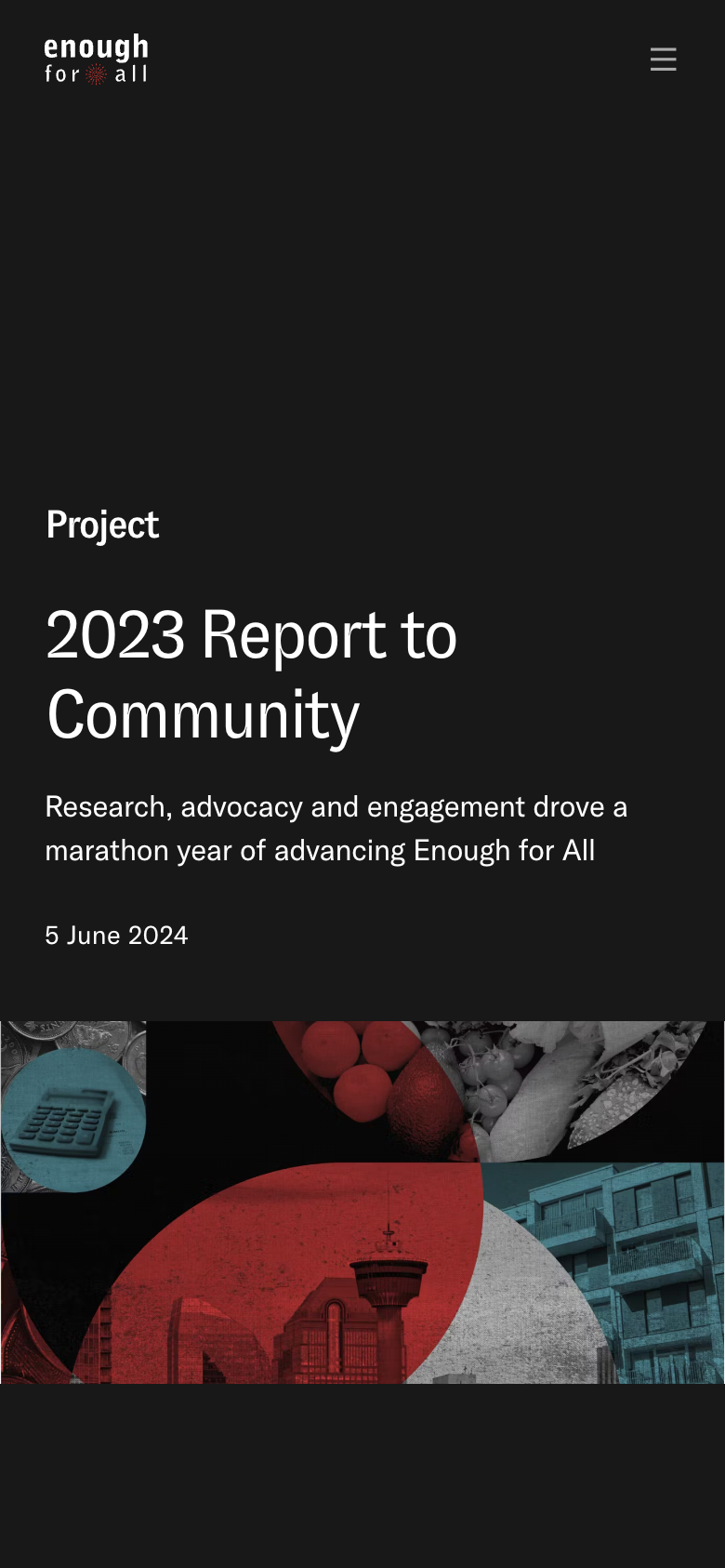 Enough for All mobile site showing a '2023 Report to Community' project page with a red and teal collage of food, calculator and city imagery.