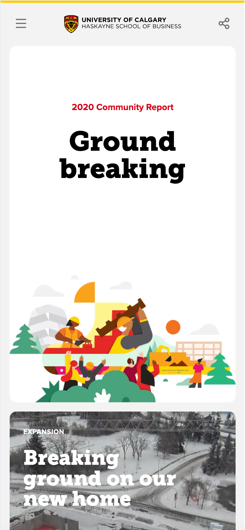 University of Calgary Haskayne School of Business mobile report titled '2020 Community Report: Ground breaking,' with a construction-themed illustration.