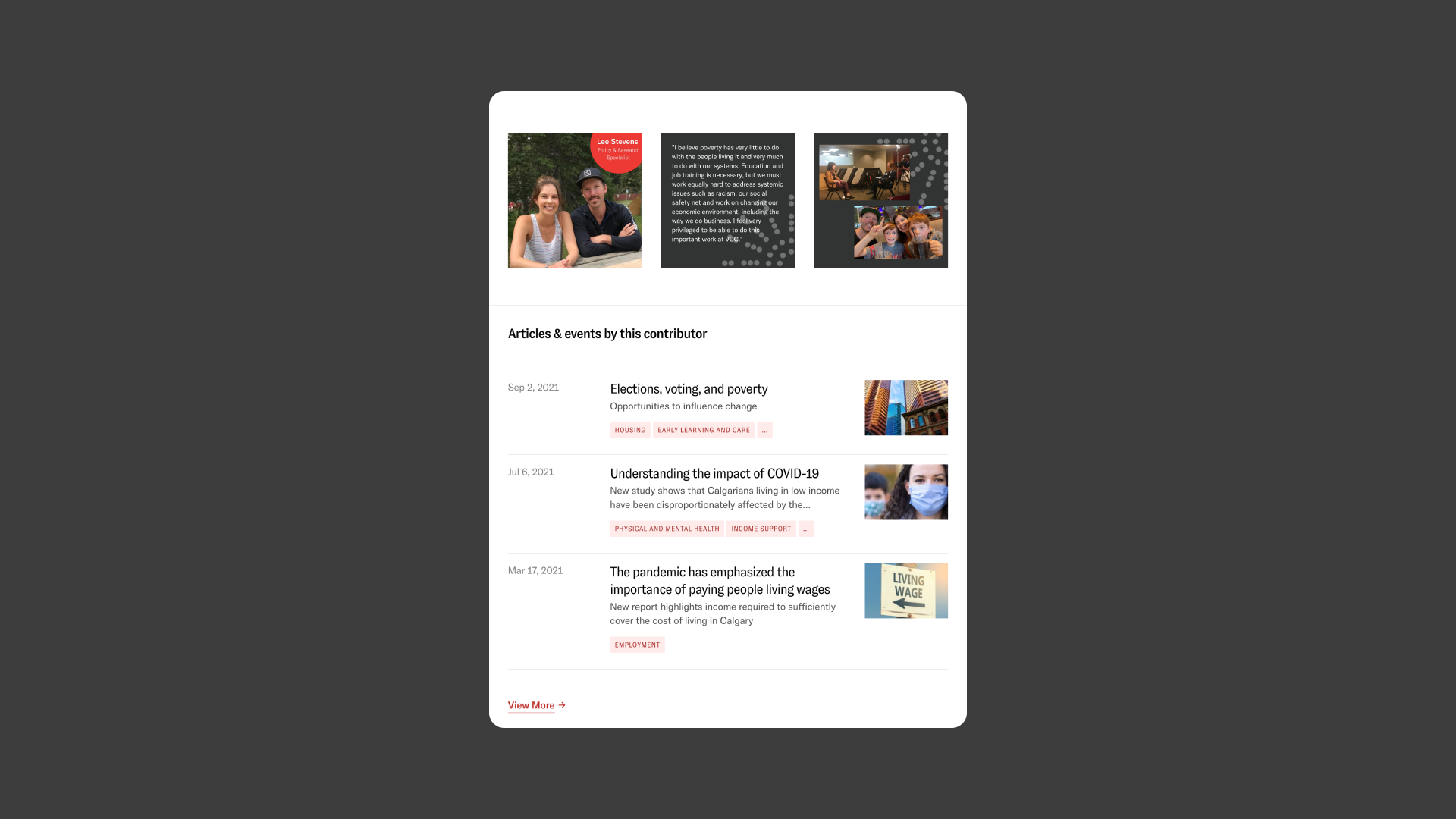Tablet view of a contributor profile for Lee Stevens, with photos and an 'Articles & events by this contributor' list on a dark gray background.