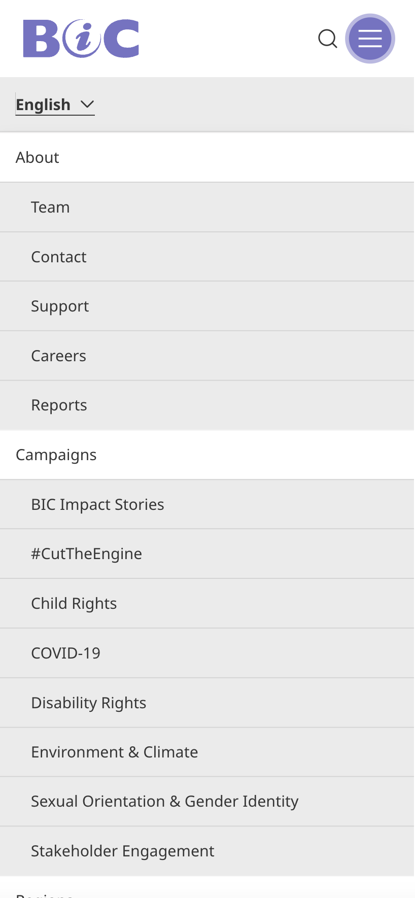 BIC mobile navigation menu in purple, expanded to show About and Campaigns sections with links like Team, Reports, Child Rights and COVID-19.