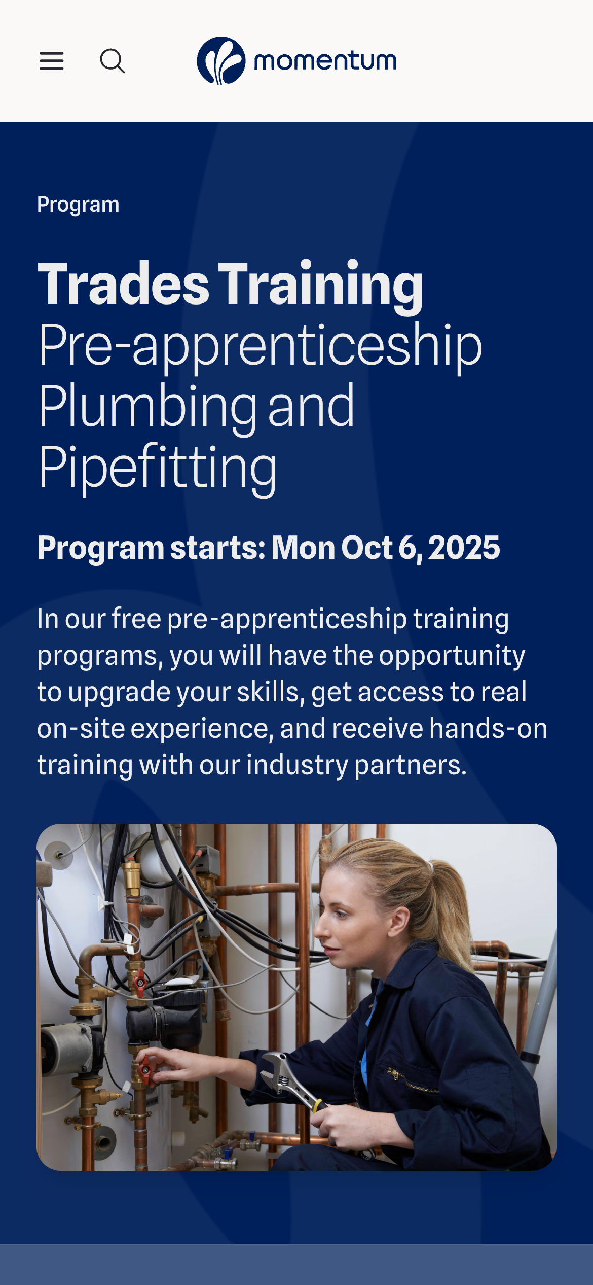 Momentum mobile website screen for a 'Trades Training' pre-apprenticeship plumbing and pipefitting program, with a photo of a worker on copper pipes.