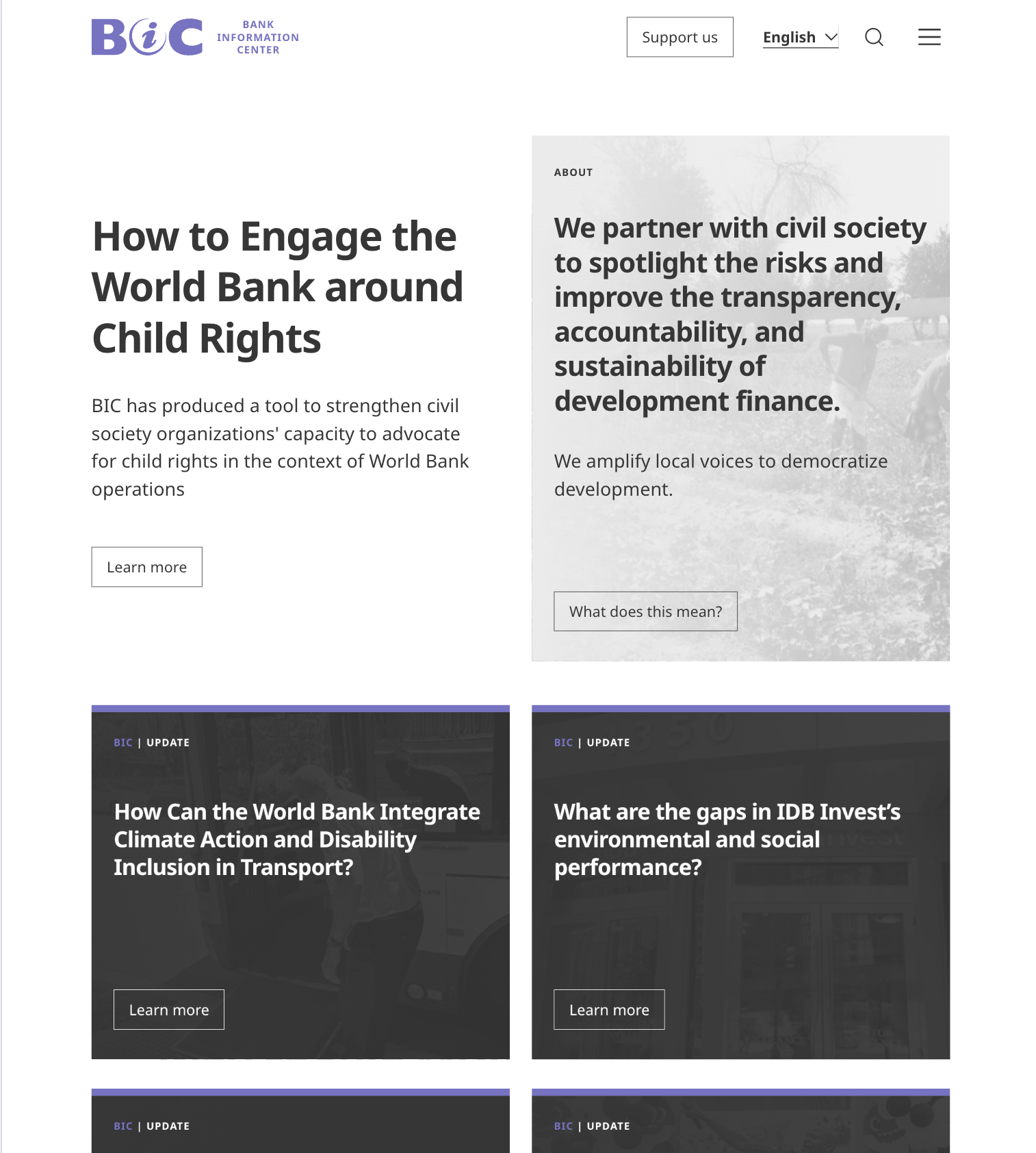 Bank Information Center (BIC) website homepage headlined 'How to Engage the World Bank around Child Rights' with About and update cards.