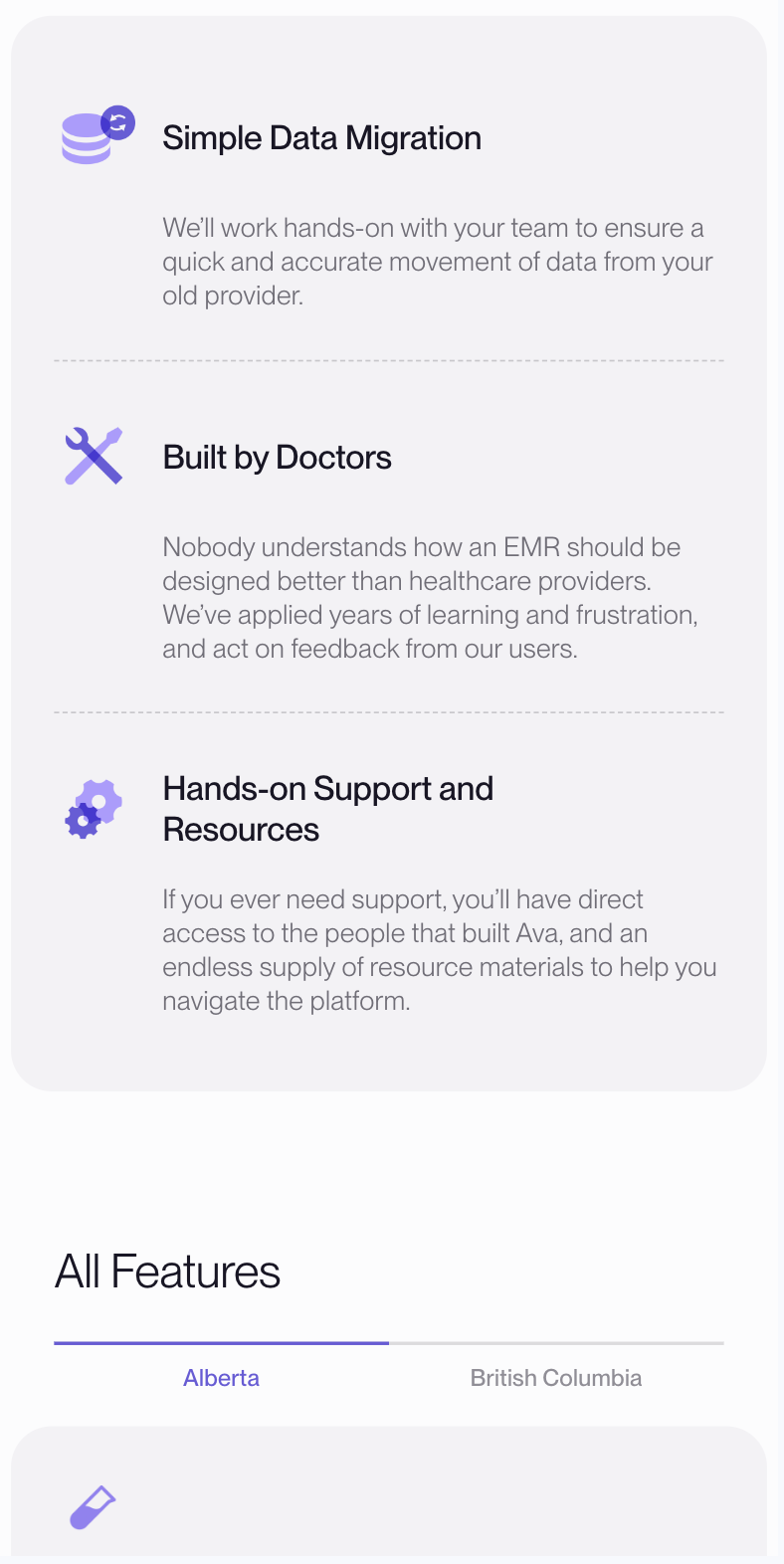 Mobile app screen listing three benefits with icons: 'Simple Data Migration,' 'Built by Doctors,' and 'Hands-on Support and Resources,' above an 'All Features' tab.