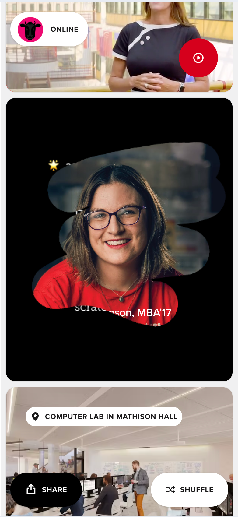 Mobile interface showing a smiling woman in a red shirt with glasses framed by black brushstrokes, an 'ONLINE' cow badge, and a 'Computer Lab in Mathison Hall' label.