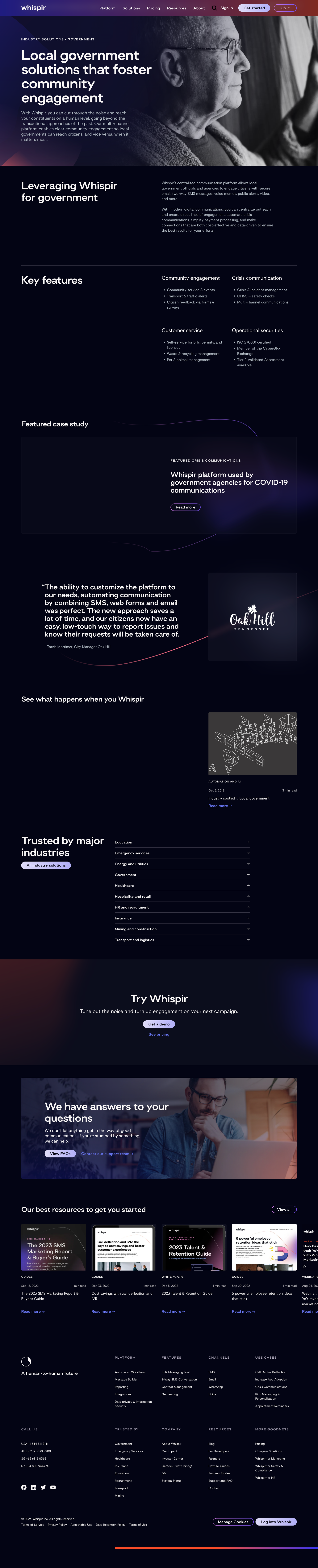 Full-length Whispir website page for government solutions, headlined 'Local government solutions that foster community engagement,' with key features, a case study, and resource cards.