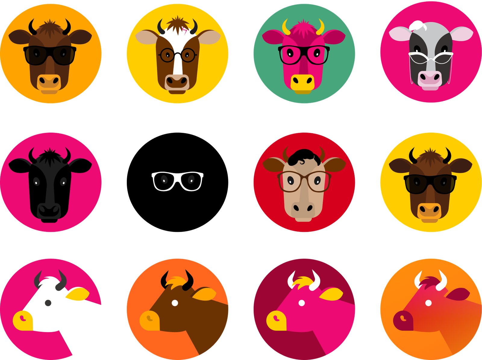 Grid of twelve flat-illustration cow-face avatar icons wearing various glasses and sunglasses, each on a brightly colored circular background.