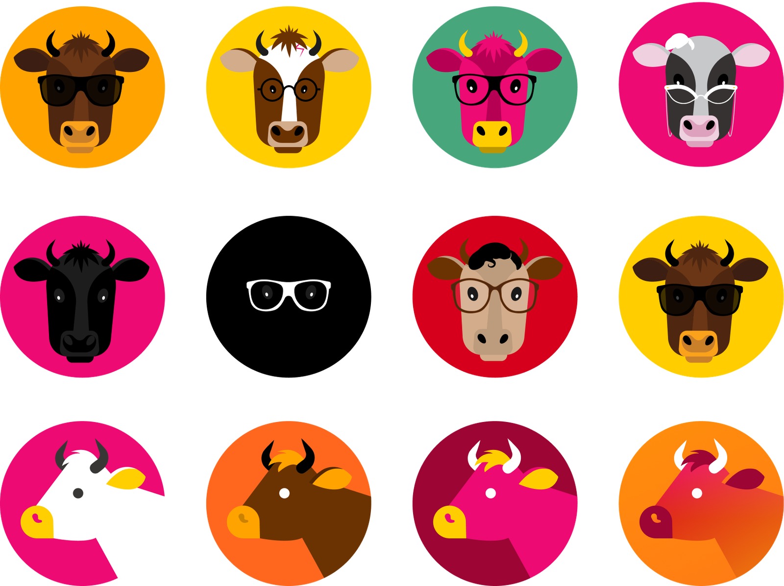 Grid of twelve flat-illustration cow-face avatar icons wearing various glasses and sunglasses, each on a brightly colored circular background.