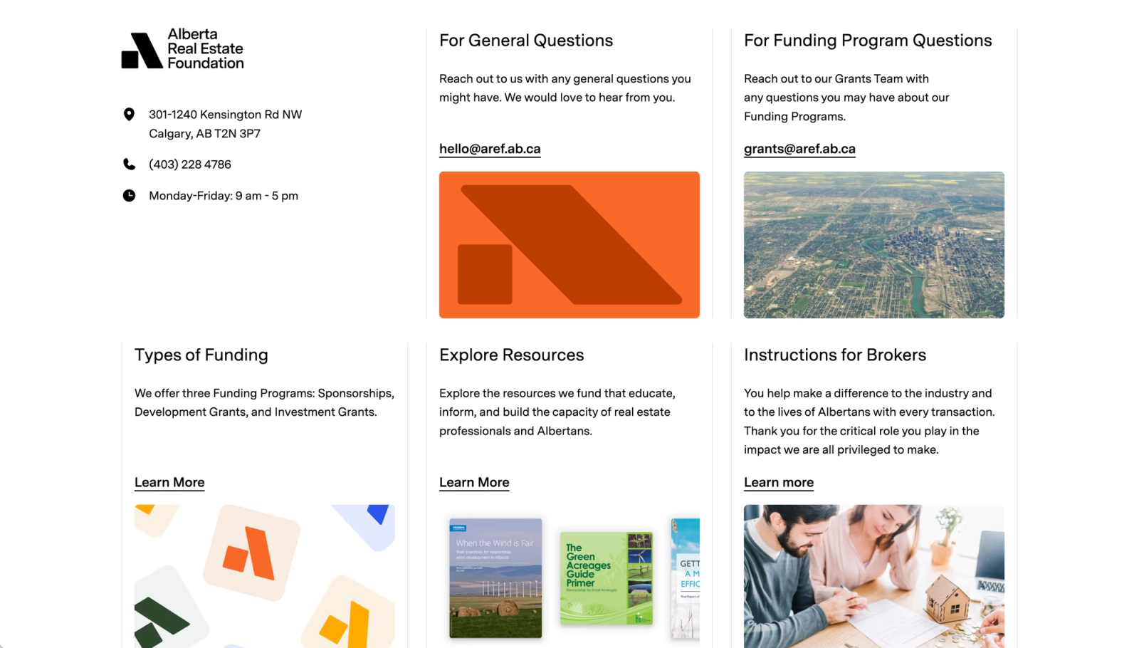 Alberta Real Estate Foundation contact page with address, email links, and cards for Types of Funding, Explore Resources, and Instructions for Brokers.